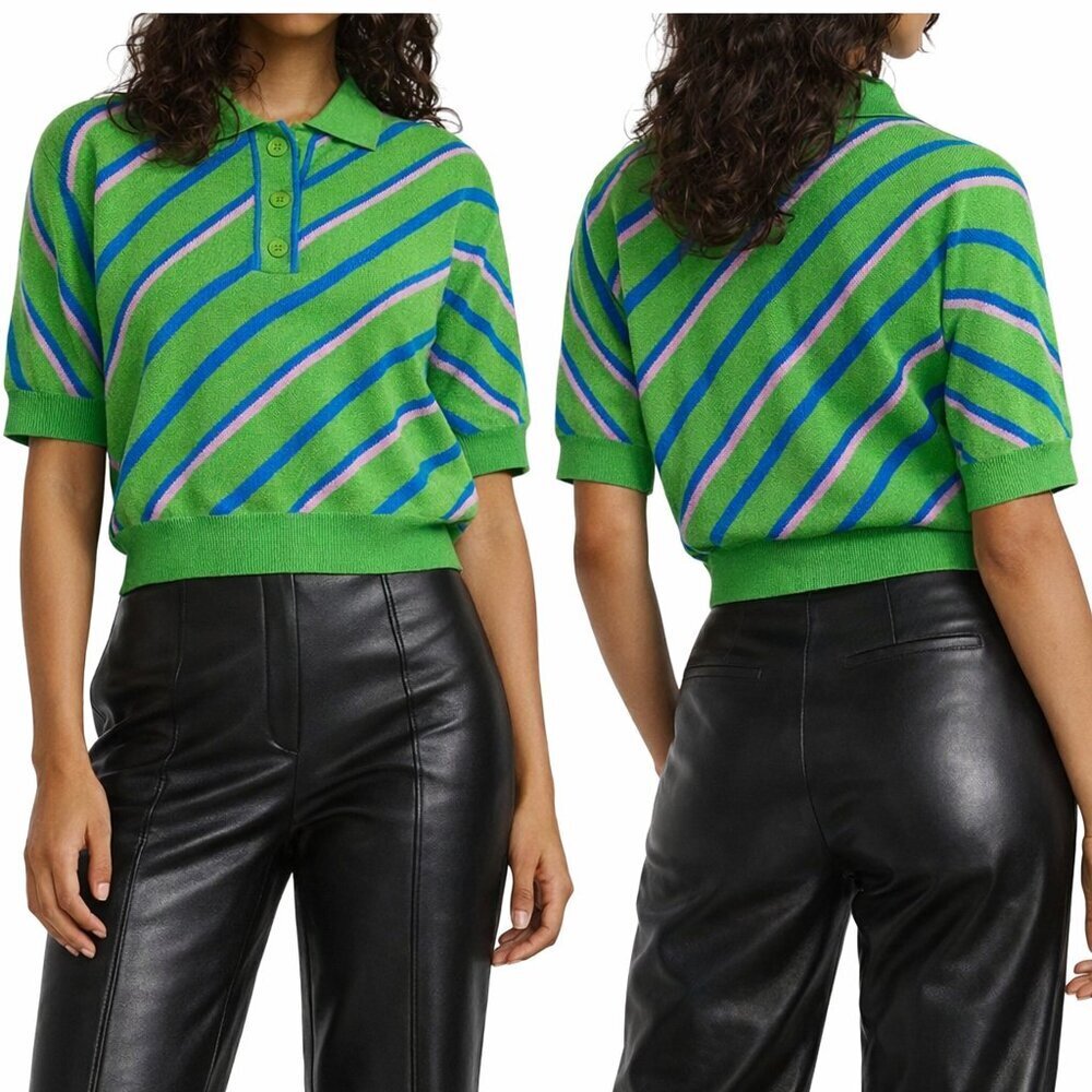 Essential Antwerp Striped Knit Polo Sweater Green Size Small